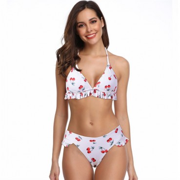 Hot selling European and American hot models cherry print three-point bikini sexy small chest open back swimsuit women in stock
