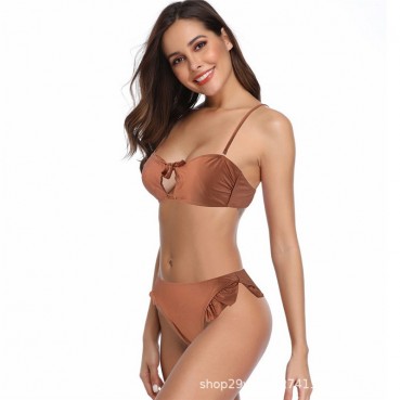 New sexy split solid color tether straps European and American lotus leaf lace bikini swimsuit