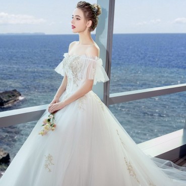One-shoulder wedding dress 2021 new spring thin and simple bride married high waist pregnant woman wedding dress trailing female