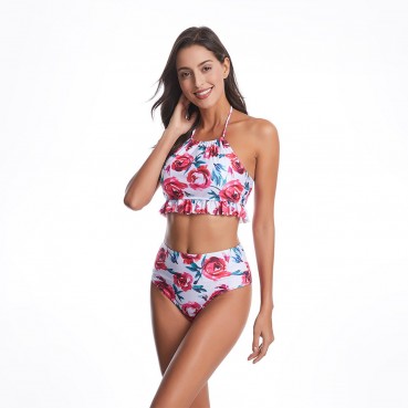 European and American swimsuit women's swimwear conservative high-waisted ruffled bikini hot sale