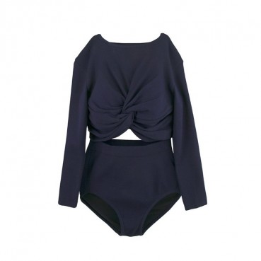 Korean new style swimsuit female split solid color long-sleeved student high-waist bowknot conservative small chest gathered swimsuit