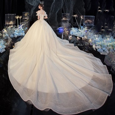 Starry sky main wedding dress with big trailing tail 2021 new temperament bride one shoulder Sen system super fairy dream French light and thin