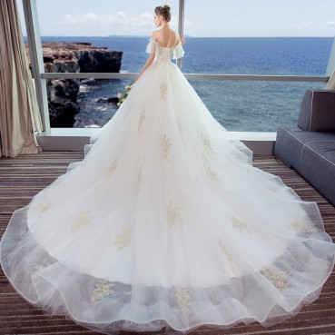 One-shoulder wedding dress 2021 new spring thin and simple bride married high waist pregnant woman wedding dress trailing female