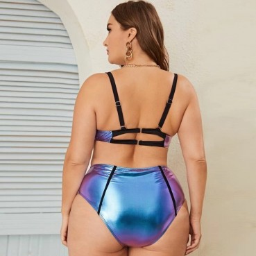 European and American new style bikini sexy gathering luminous colorful hard-covered fabric large size split high waist swimsuit women