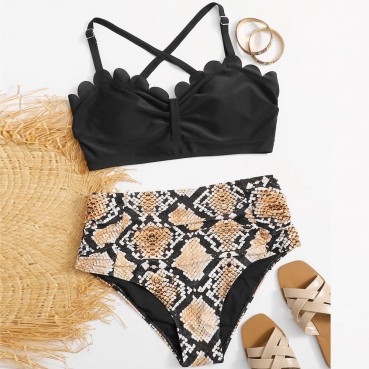 European and American new sexy bikini ruffled multicolor printing large size pleated ladies high waist large size swimsuit