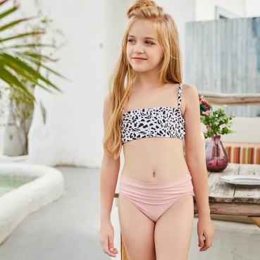2021 new European and American girls split leopard print sling bikini swimsuit children swimwear manufacturers wholesale