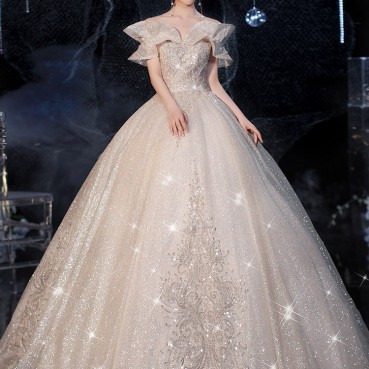 Sen series starry sky light wedding dress trailing 2021 new bride temperament French Hepburn, shoulder-to-shoulder super fairy dream