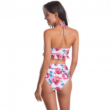 European and American swimsuit women's swimwear conservative high-waisted ruffled bikini hot sale