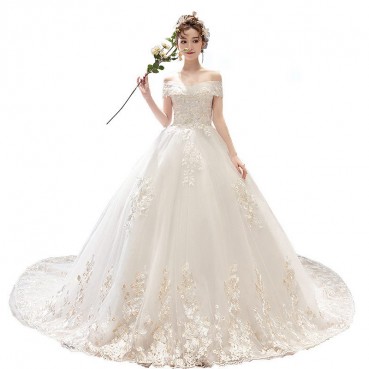 The main wedding dress 2021 new bride one-shoulder trailing dreamy and elegant French style light forest super fairy Hepburn female is thin