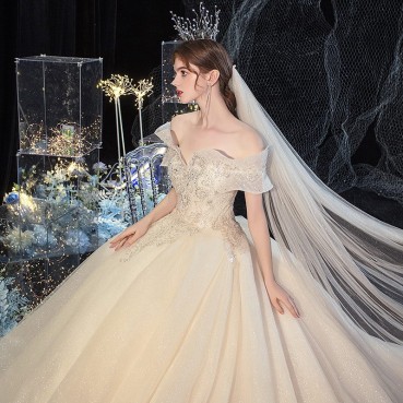 Starry sky main wedding dress with big trailing tail 2021 new temperament bride one shoulder Sen system super fairy dream French light and thin
