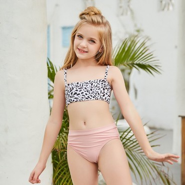 2021 new European and American girls split leopard print sling bikini swimsuit children swimwear manufacturers wholesale