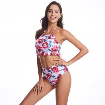 European and American swimsuit women's swimwear conservative high-waisted ruffled bikini hot sale