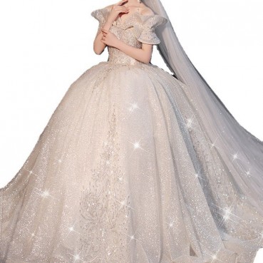 Sen series starry sky light wedding dress trailing 2021 new bride temperament French Hepburn, shoulder-to-shoulder super fairy dream