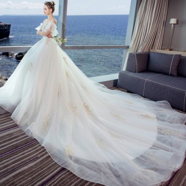 One-shoulder wedding dress 2021 new spring thin and simple bride married high waist pregnant woman wedding dress trailing female
