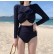 Korean new style swimsuit female split solid color long-sleeved student high-waist bowknot conservative small chest gathered swimsuit