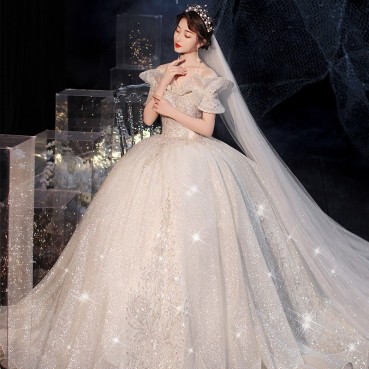 Sen series starry sky light wedding dress trailing 2021 new bride temperament French Hepburn, shoulder-to-shoulder super fairy dream