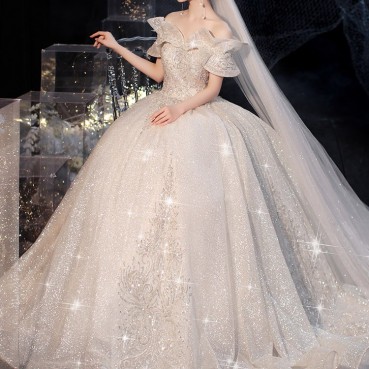 Sen series starry sky light wedding dress trailing 2021 new bride temperament French Hepburn, shoulder-to-shoulder super fairy dream