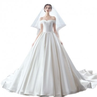 Satin wedding dress 2021 new bride one shoulder simple Hepburn was thin female little man Sen super fairy trailing winter