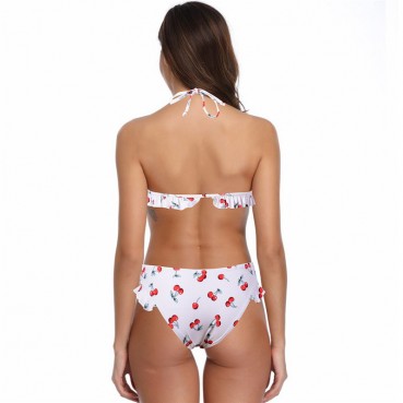 Hot selling European and American hot models cherry print three-point bikini sexy small chest open back swimsuit women in stock
