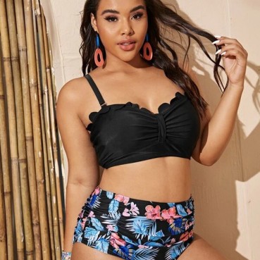 European and American new sexy bikini ruffled multicolor printing large size pleated ladies high waist large size swimsuit