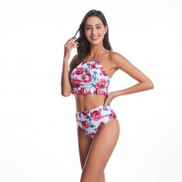 European and American swimsuit women's swimwear conservative high-waisted ruffled bikini hot sale