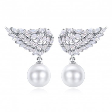 Feather Bead Earrings Platinum Plated Fashion AAA Zircon Wings Women's Pearl New Earrings