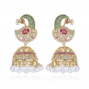 Phoenix earrings fashion personality European and American retro color zirconium female long pearl earrings wholesale earrings