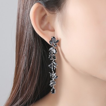 Leaf ear studs, copper inlaid 3A zircon, European and American atmosphere long branch-shaped ladies earrings