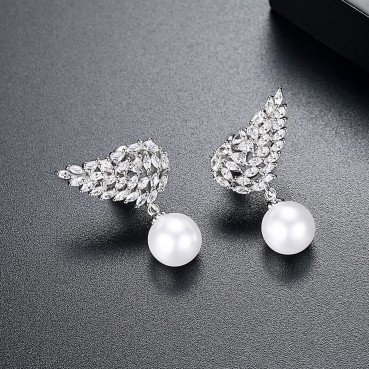 Feather Bead Earrings Platinum Plated Fashion AAA Zircon Wings Women's Pearl New Earrings