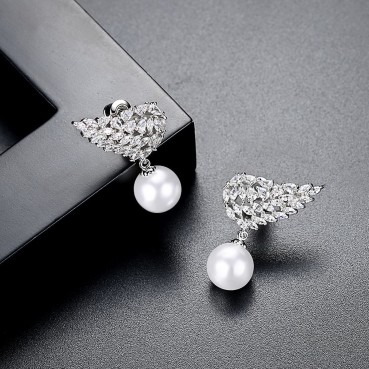Feather Bead Earrings Platinum Plated Fashion AAA Zircon Wings Women's Pearl New Earrings