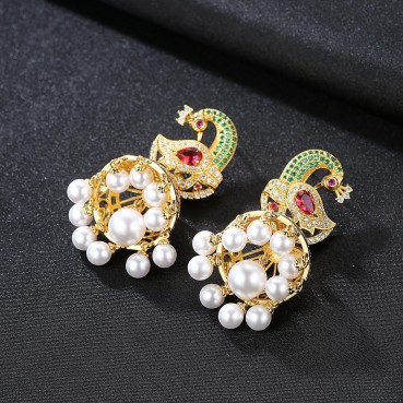 Phoenix earrings fashion personality European and American retro color zirconium female long pearl earrings wholesale earrings