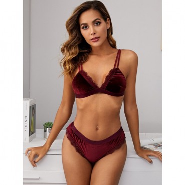 Women's new gold velvet stitching lace casual sexy underwear suit split suit