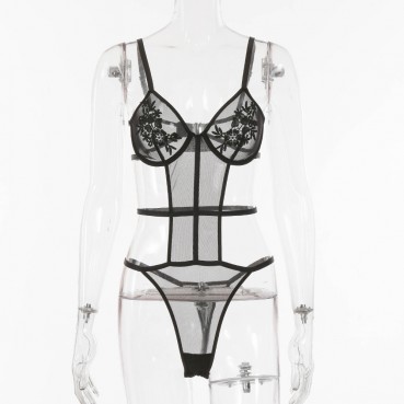 2021 women's European and American sexy lingerie lace one-piece see-through outfit