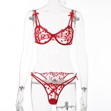 European and American women's crochet lace see-through bow sexy lingerie set