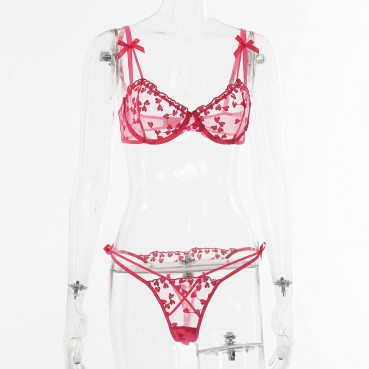 European and American women's crochet lace see-through bow sexy lingerie set