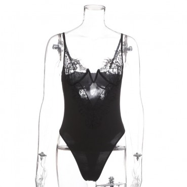 Hot selling spring and summer women's sexy deep V lace lace stitching slim slimming bodysuit
