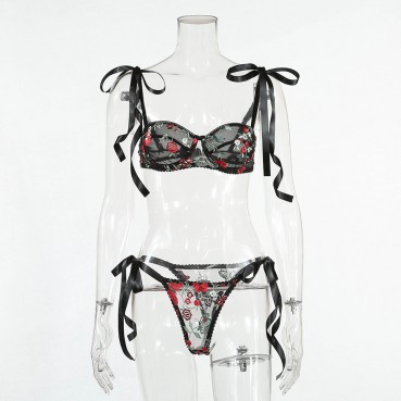 European and American new style women's see-through lace mesh embroidered bandage bra underwear set