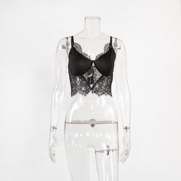 European and American women's lace mesh stitching bra strap sexy outer wear hollow top