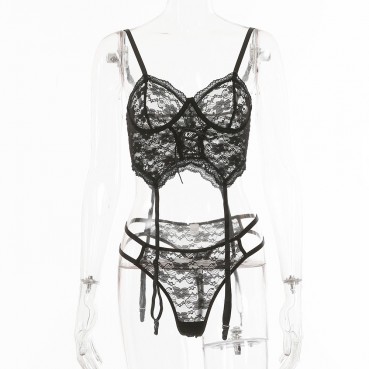 2021 European and American women's sexy mesh see-through lace steel ring sexy underwear