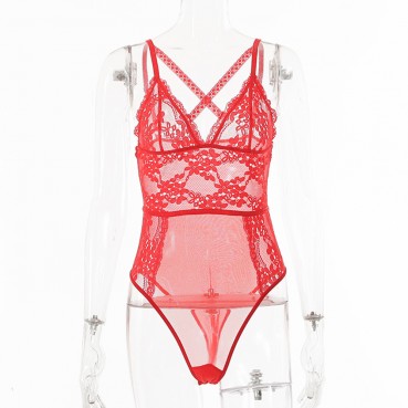 New women's flower embroidery lace stitching cross V-neck sexy one-piece