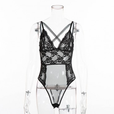 New women's flower embroidery lace stitching cross V-neck sexy one-piece
