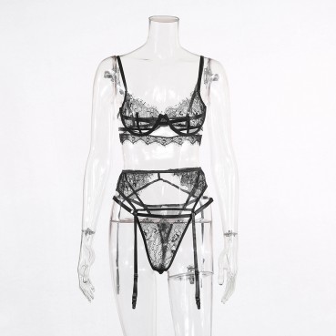 European and American hot-selling women's comfortable soft lace eyelashes three-piece underwear