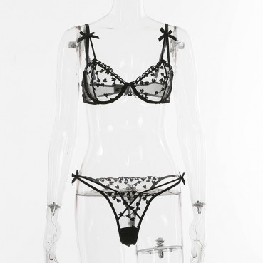 European and American women's crochet lace see-through bow sexy lingerie set