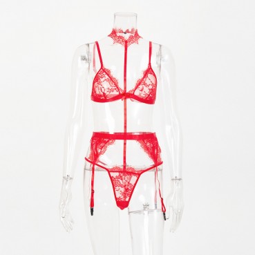 New women's sexy lingerie lace perspective three-piece suit
