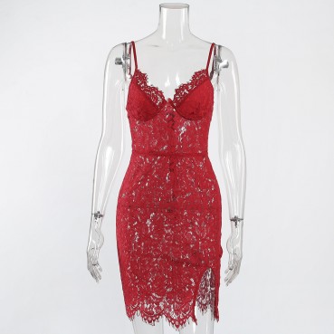 Summer new women's sexy hollow lace hook flower sling split sexy dress