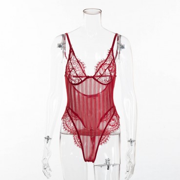 Women's new sexy lace stitching striped perspective jumpsuit