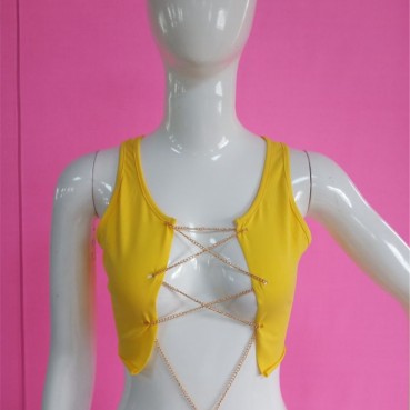 Explosive European and American sexy chain sleeveless solid color top in stock