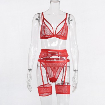 European and American hot-selling women's comfortable and soft lace perspective female sexy three-piece suit