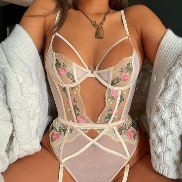 European and American women's lace sexy see-through embroidery sexy one-piece