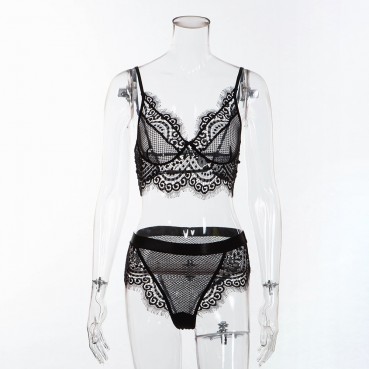 Hot selling sexy women's lace lace eyelashes love mesh panties set